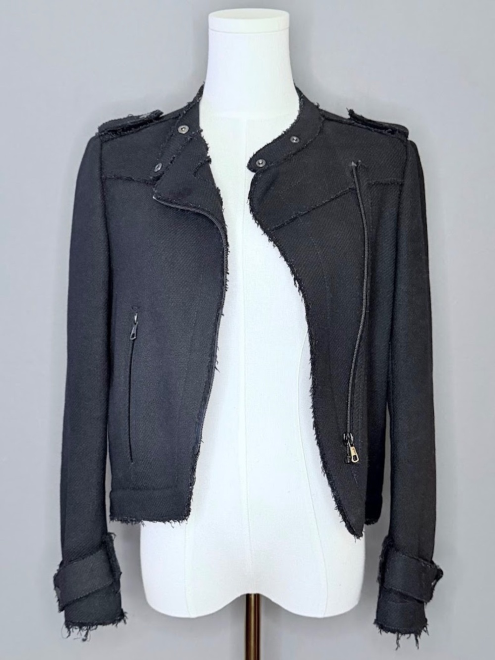 Zara Basic Black Moto Jacket XS Frayed Edge Zip Front Jacket